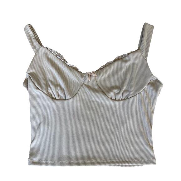 Y2K Beige Ribbed Bustier Crop Lace Trim Y2K Fairy Core Size Women Large - Picture 1 of 6